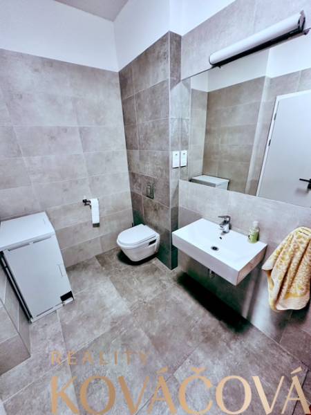 Badezimmer mit Toilette, Waschbecken und Waschmaschine in Büros.