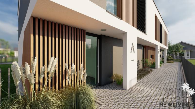 Einfamilienhaus in der Drieňová-Straße in Nitra, Eingang mit Holzdekor und Fliesen.