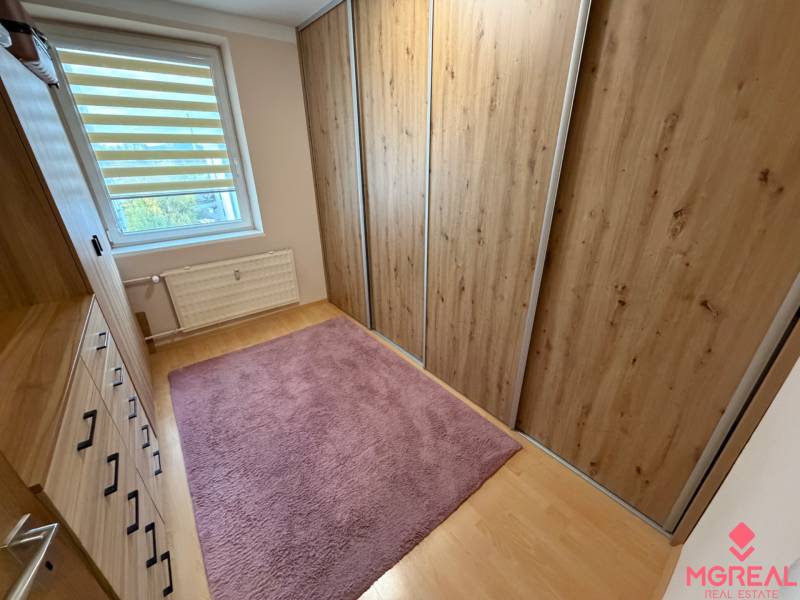 Ein Kleiderschrank mit Holzmuster, ein rosa Teppich, ein Fenster mit Jalousien in einer 4-Zimmer-Wohnung.