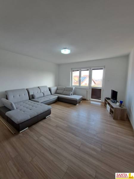 Wohnzimmer in einer 4-Zimmer-Wohnung mit einem bequemen grauen Sofa und einem Boden in Holzoptik.