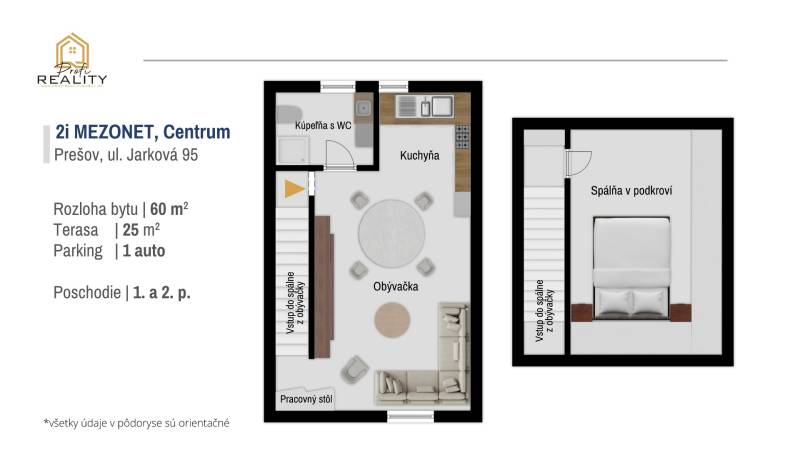 Grundriss eines zweistöckigen Maisonette-Wohnung in der Jarková-Straße in Prešov mit Terrasse und Parkplatz.