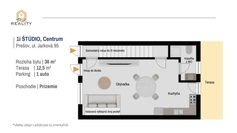 Grundriss einer 1-Zimmer-Wohnung mit Küche, Wohnzimmer, Badezimmer und Terrasse.