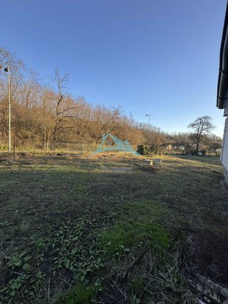 Garten beim Einfamilienhaus in Demandice mit Bäumen und einer weitläufigen Rasenfläche.