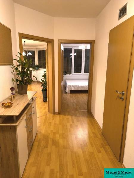 Der Flur in einer 2-Zimmer-Wohnung mit einem Holzboden und Pflanzen.