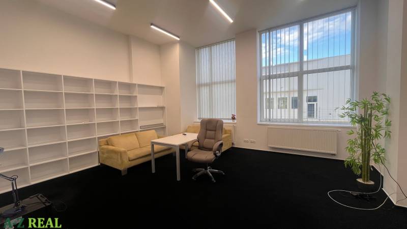 Büros mit schwarzem Teppich, Möbeln, Regalsystemen und großen Fenstern.