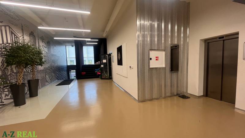 Ein Flur in Büros mit glänzendem Boden, Aufzug und dekorativer Wand mit Pflanzen.