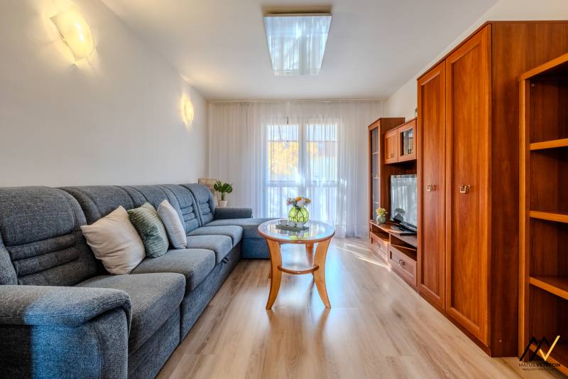 Wohnzimmer in einer Zweizimmerwohnung mit Holzboden, bequemer Couch und Wohnwand.