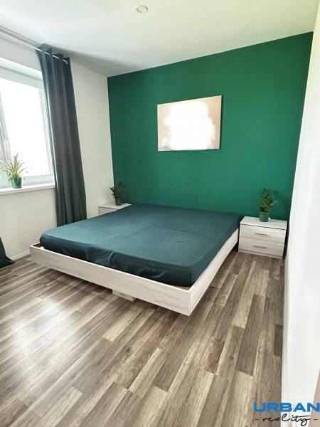 Schlafzimmer in einer 3-Zimmer-Wohnung mit Holzboden; grüne Wand, Bett, Fenster.