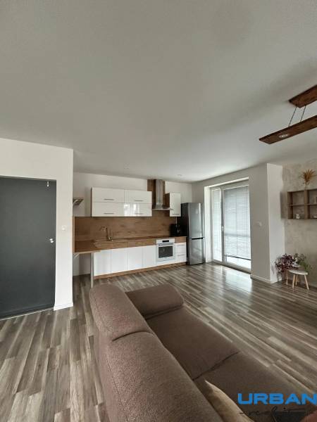 Wohnzimmer mit Küchenzeile und Holzboden in einer 3-Zimmer-Wohnung.