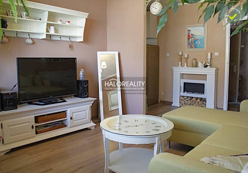 Wohnzimmer mit Fernseher, Kamin und Holzboden in einer Zweizimmerwohnung.