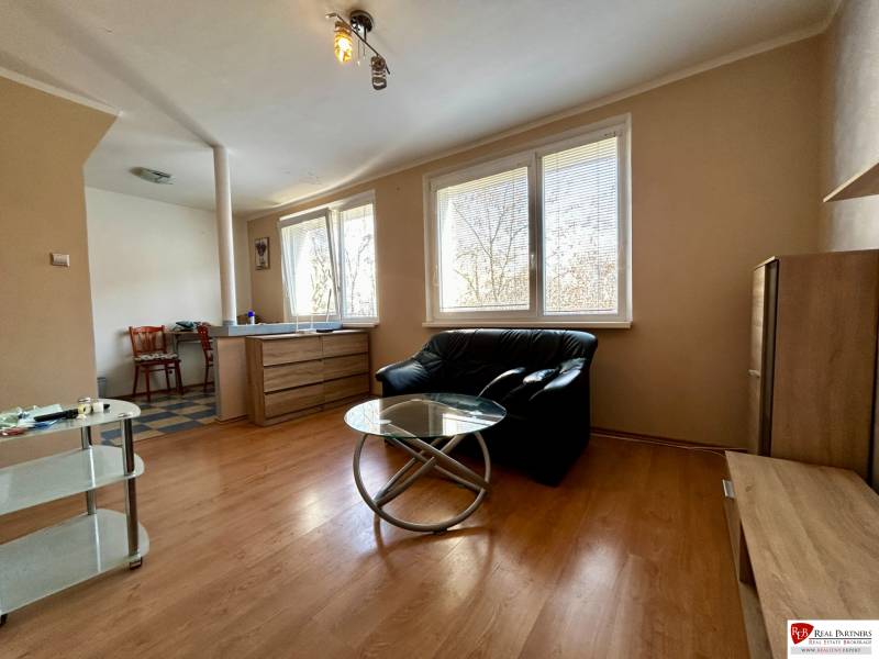 Innenraum einer Einzimmerwohnung mit Sofa, Glastisch und Boden in Holzoptik.