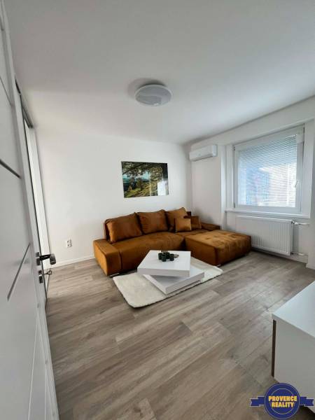 Helles Wohnzimmer in einer Zweizimmerwohnung mit braunem Sofa und Couchtisch auf einem Boden mit Holzdekor.