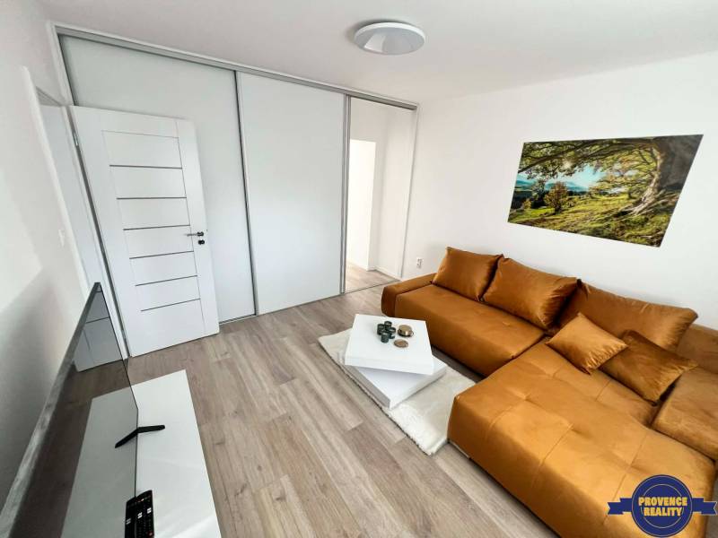 Wohnzimmer in einer 2-Zimmer-Wohnung mit Sofa, Fernseher und Holzboden.