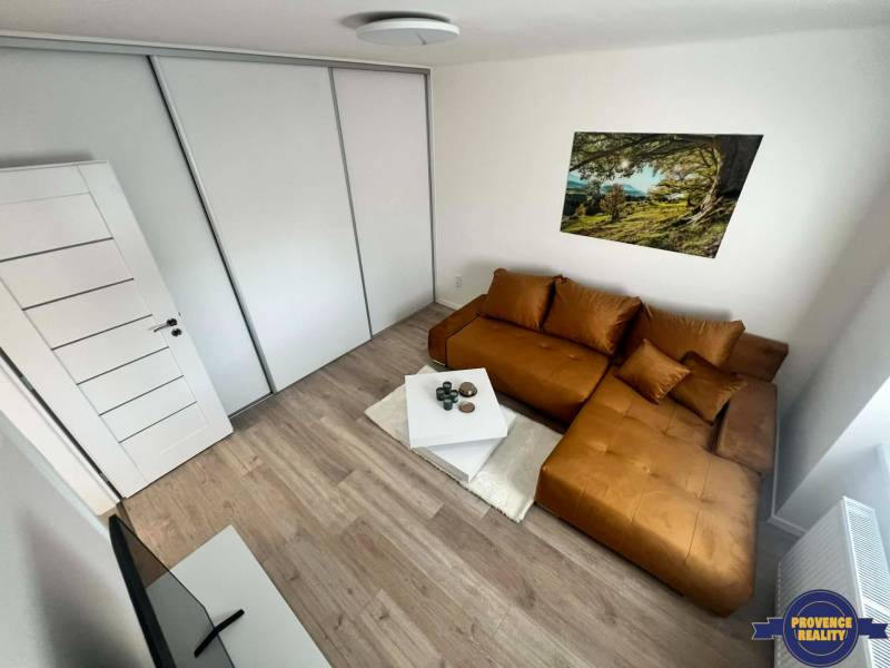 Ein Zimmer in einer 2-Zimmer-Wohnung mit einem braunen Sofa, einem Boden in Holzoptik und einem großen Schrank.