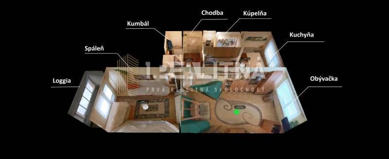 Grundriss einer 2-Zimmer-Wohnung mit Loggia, Schlafzimmer, Küche, Badezimmer und Wohnzimmer.