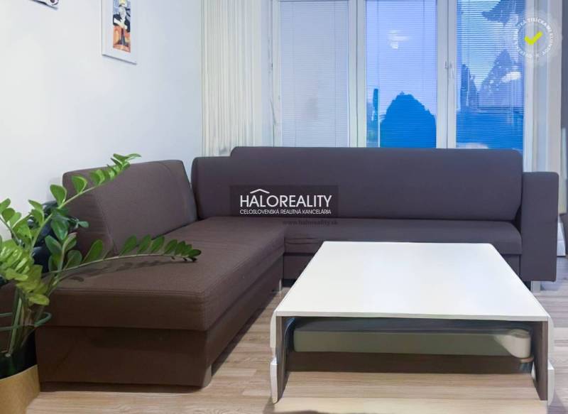 Wohnzimmer mit braunem Sofa in einer 2-Zimmer-Wohnung, Boden mit Holzdekor.