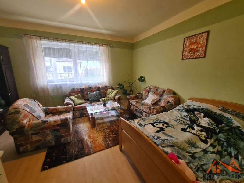 Wohnzimmer in einem Einfamilienhaus mit Sofa, Teppichen und einem dekorativen Bild an der Wand.