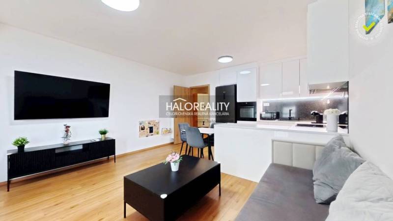 Wohnzimmer in einer Zweizimmerwohnung, heller Innenraum, Küchenzeile, Boden mit Holzdekor.