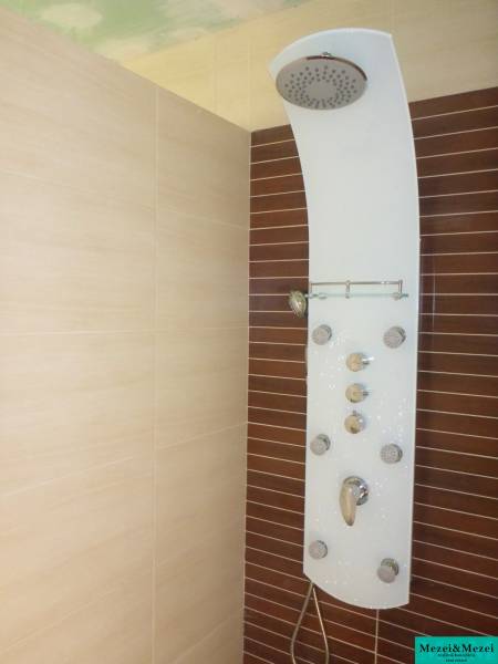 Duschpaneel an der Wand mit Fliesen in einem Einfamilienhaus.