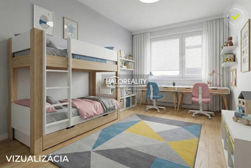 Kinderzimmer mit Etagenbett, buntem Teppich und Schreibtisch in einer 3-Zimmer-Wohnung.