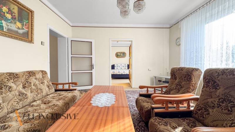 Einfamilienhaus mit Wohnzimmer, Blumeneinrichtung, Couchtisch und einem Bild an der Wand.