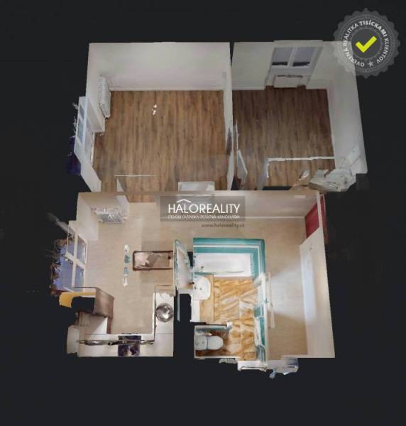 Grundriss einer 2-Zimmer-Wohnung mit Holzboden und ausgestattetem Badezimmer.