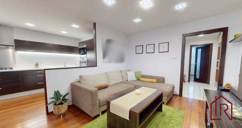 Wohnzimmer in einer 3-Zimmer-Wohnung mit Holzboden und einer bequemen Couch.