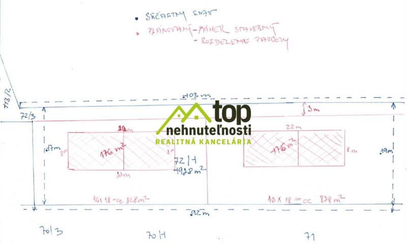 Plan zur Aufteilung von Baugrundstücken für Wohnzwecke in Nitrianska Blatnica mit Einzeichnung der Quadratmeter.