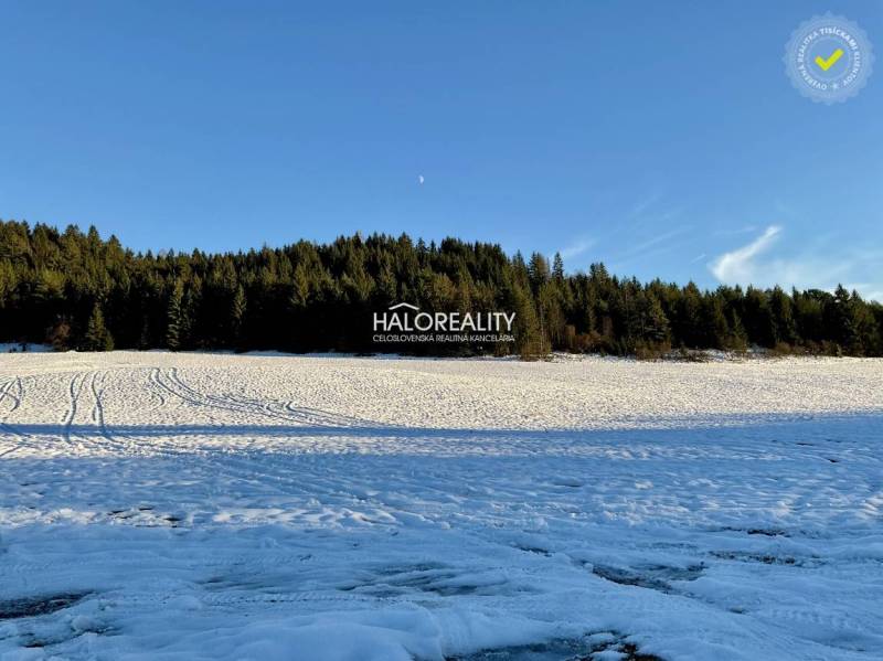 Verschneite Wohngebiete in Dolná Lehota, umgeben von Wald und blauem Himmel.