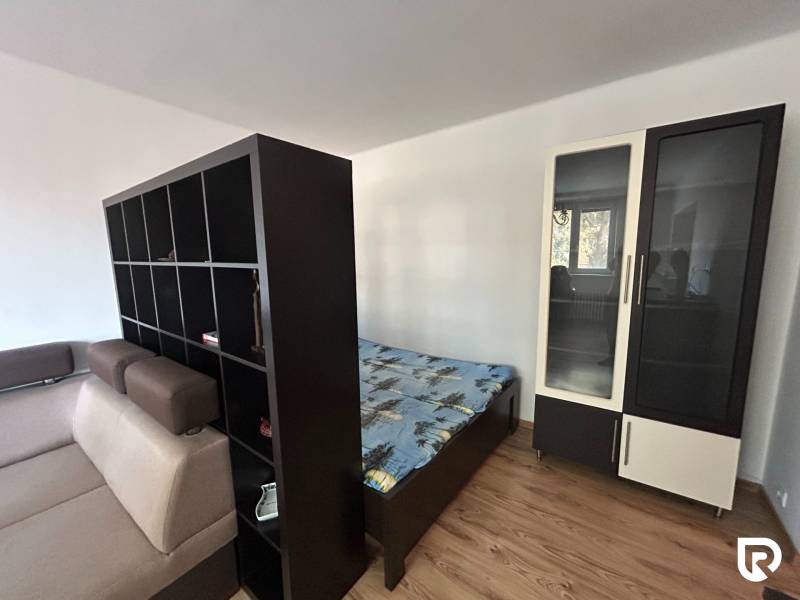 1-Zimmer-Wohnung mit ausziehbarem Sofa, Regal, Bett und Schrank. Boden mit Holzdekor.