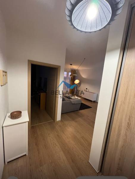 Der Flur in einer 2-Zimmer-Wohnung mit einem Boden in Holzoptik, der ins Wohnzimmer führt.