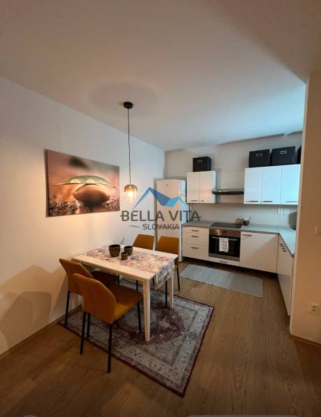 Küche und Esszimmer in einer Zweizimmerwohnung mit Holzboden.