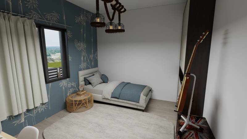 Ein Zimmer im Einfamilienhaus mit einem Bett, einer Gitarre und einer blauen Tapete.