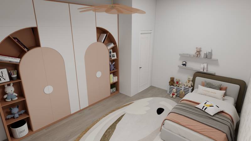 Kinderzimmer in einem Einfamilienhaus mit Bett, Schränken und dekorativen Spielzeugen, Boden mit Holzdekor.