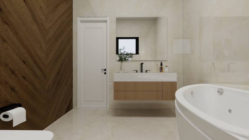 Minimalistisches Badezimmer mit Badewanne, Waschbecken und Boden in Holzoptik in einem Einfamilienhaus.