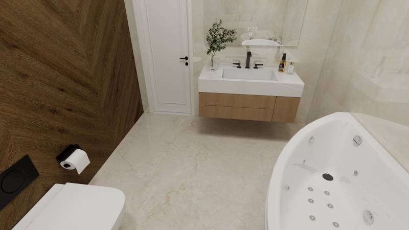 Ein Badezimmer in einem Einfamilienhaus mit einer Badewanne, einem Waschbecken und einem Boden in Holzoptik.