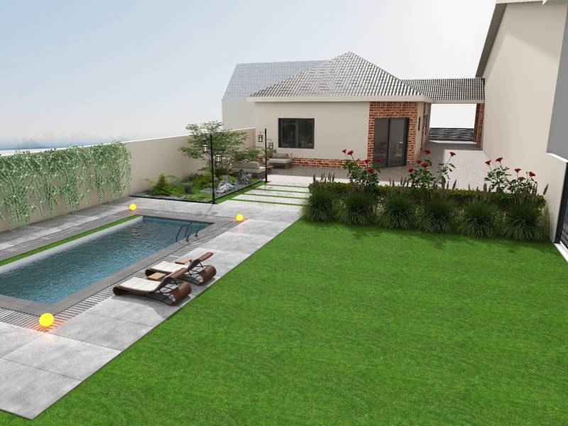 Ein Einfamilienhaus in Cífer mit Pool, Terrasse, Garten und Liegestühlen.