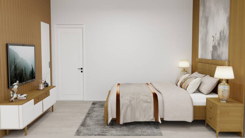 Schlafzimmer mit Holzboden, Bett und Fernseher in einem Einfamilienhaus.