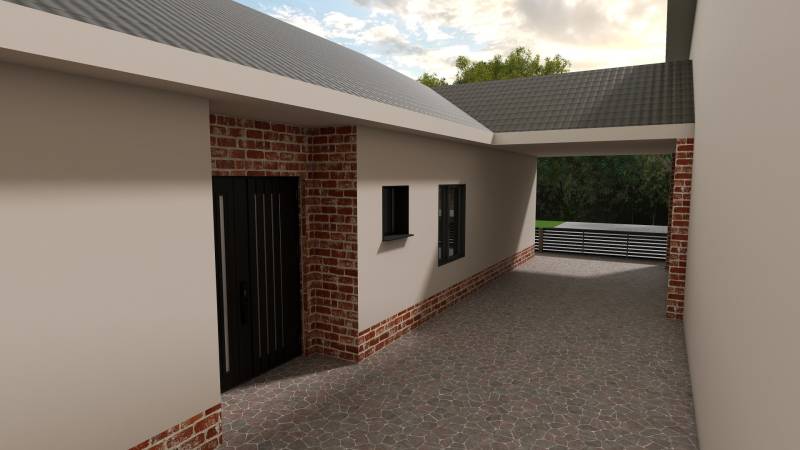 Einfamilienhaus in Cífer mit verglasten Fenstern und Ziegeldekorwänden.