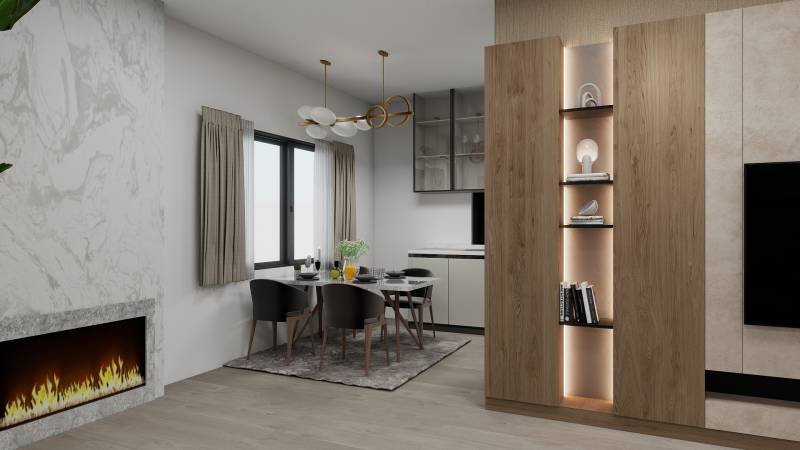 Ein Einfamilienhaus mit einem Boden in Holzoptik, einem Kamin und einem Esstisch.