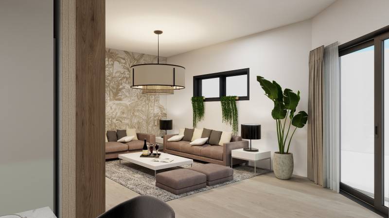 Wohnzimmer in einem Einfamilienhaus mit einem bequemen Sofa und einem Boden in Holzoptik.