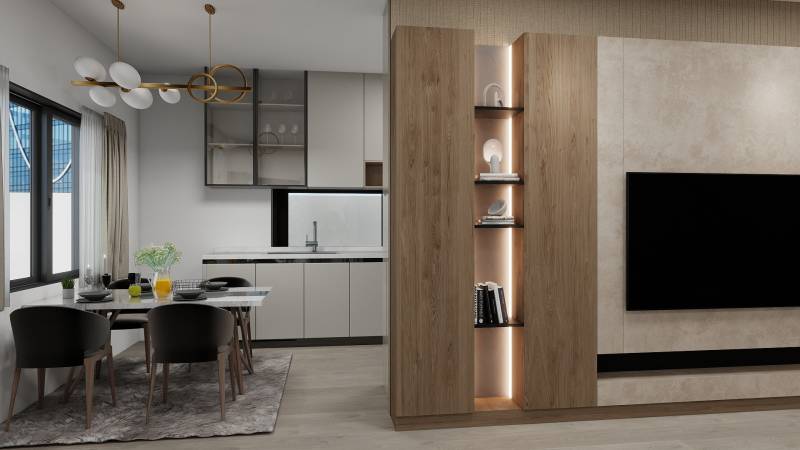 Essbereich mit Küche in einem Einfamilienhaus mit Holzboden.