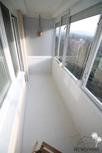 Ein verglaster Balkon mit weißem Boden und einem hängenden Blumentopf in einer Einzimmerwohnung.