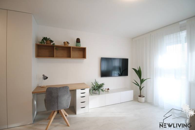 Innenraum einer Einzimmerwohnung mit Schreibtisch, Fernseher und Pflanzen, Boden mit Holzdekor.