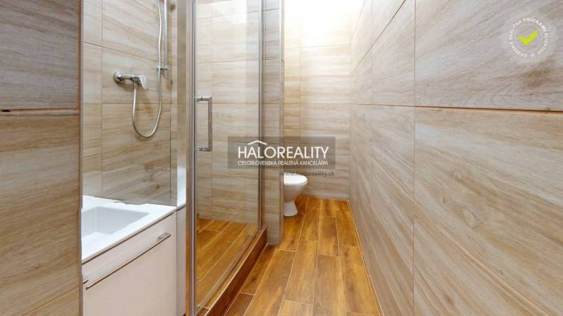 Badezimmer in einer Einzimmerwohnung mit Duschkabine und Boden in Holzoptik.