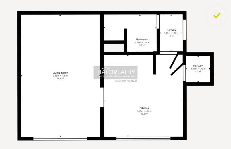 Grundriss einer Einzimmerwohnung mit Wohnzimmer, Küche und Badezimmer.