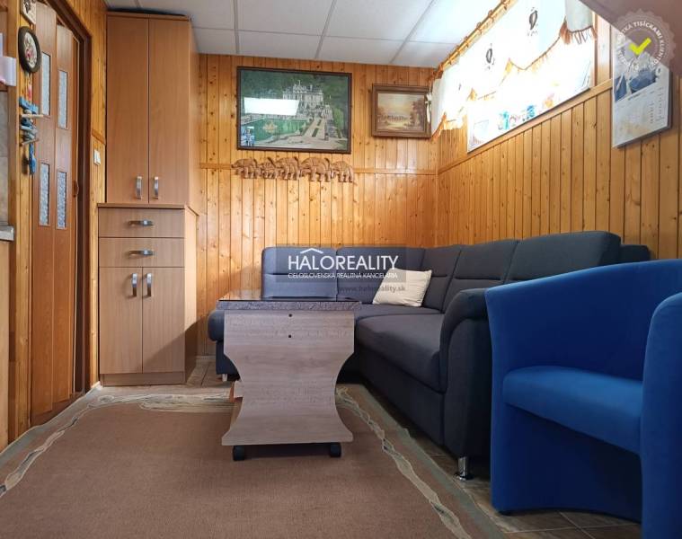 Wohnzimmer in einer Hütte mit Sofa, Sessel und Wandverkleidungen.