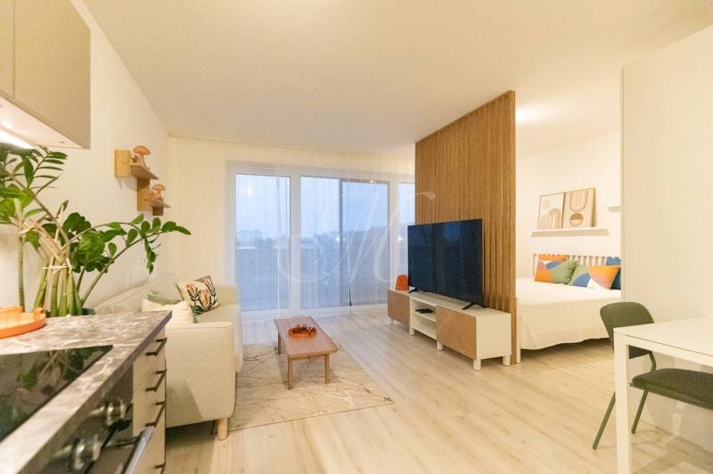 Innenraum einer Einzimmerwohnung mit einem Boden in Holzoptik und einer gemütlichen Sitzecke.