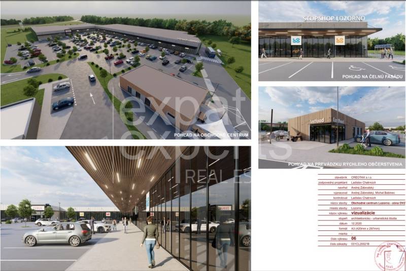 Visualisierung eines Einkaufszentrums in Lozorno in der Borovicova-Straße mit Parkplatz und Fastfood.