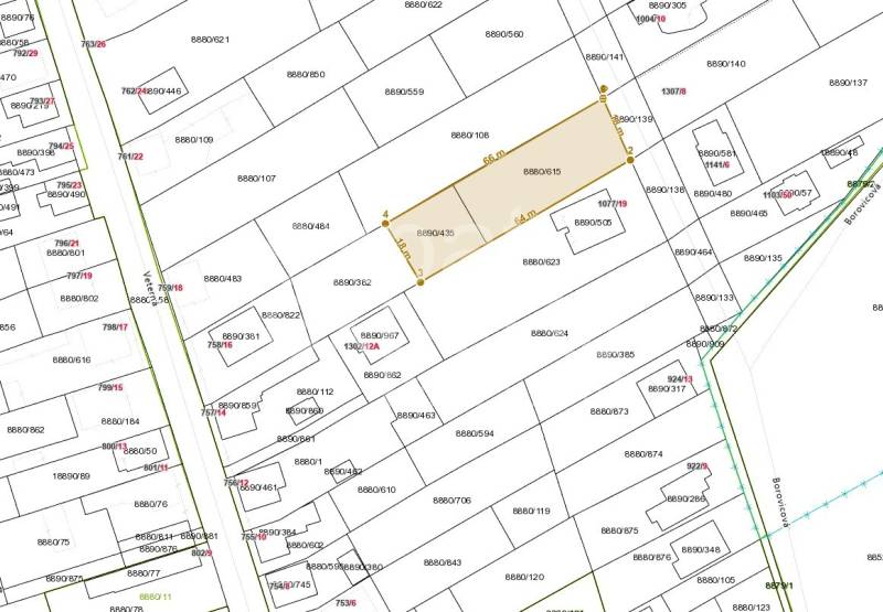 Katasterkarte der Grundstücke in der Borovicova-Straße in Lozorno für Wohnzwecke.